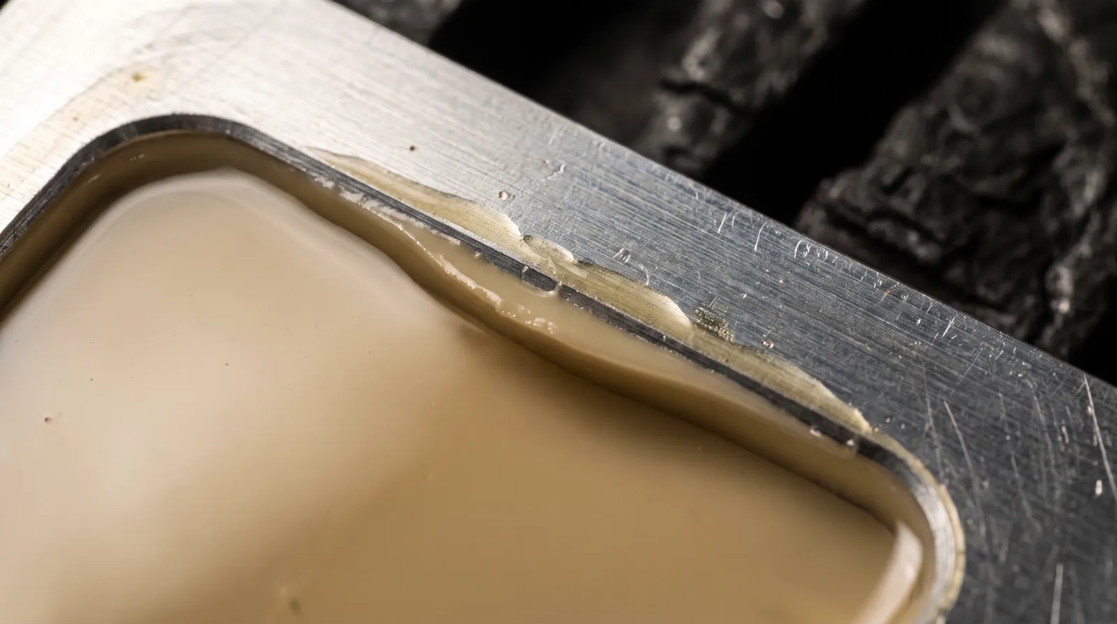 Illustrative macro view of cream urethane meeting the edge of an aluminum mold